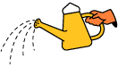 A hand holding a yellow watering can dropping water